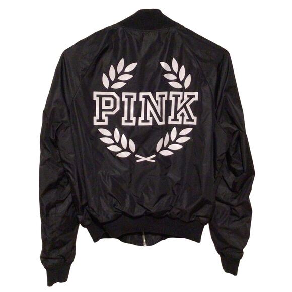 PINK Victoria's Secret Bomber Jacket Black w/ White Graphics Size XS - Picture 3 of 5